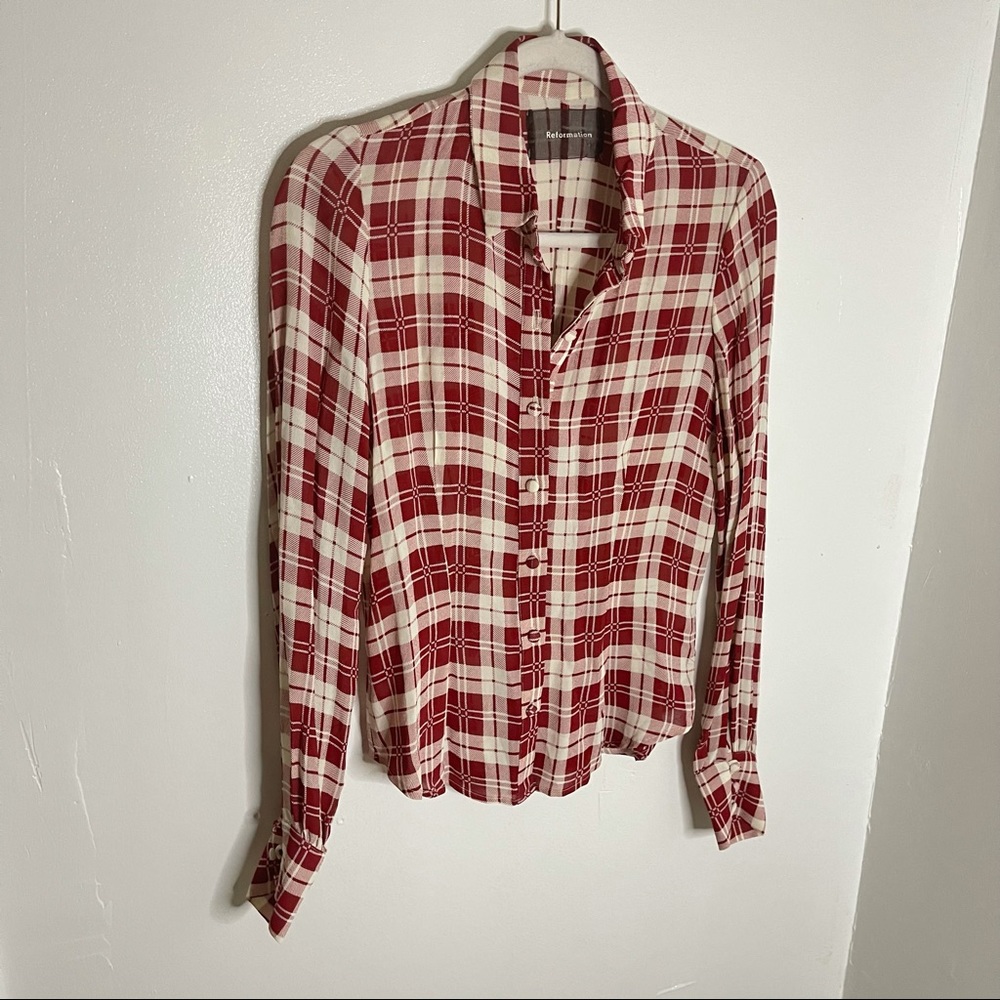 Reformation Red and Cream Plaid Button-Up Shirt - Picture 8 of 8